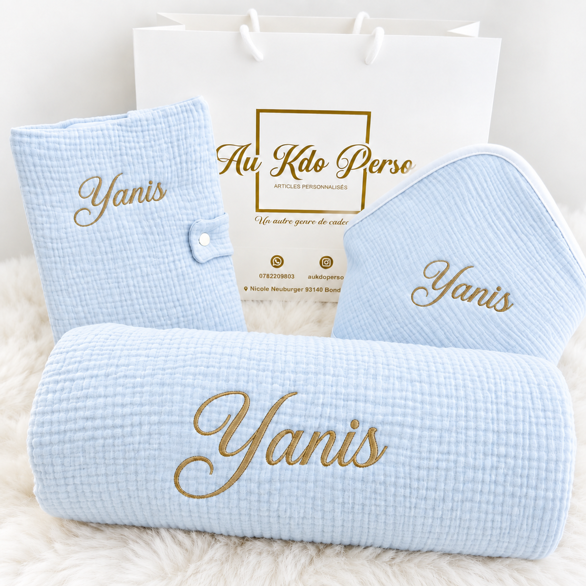Coffret Naissance Cape de Bain, Doudou et Plaid en Gaze de Coton Personnalisable
