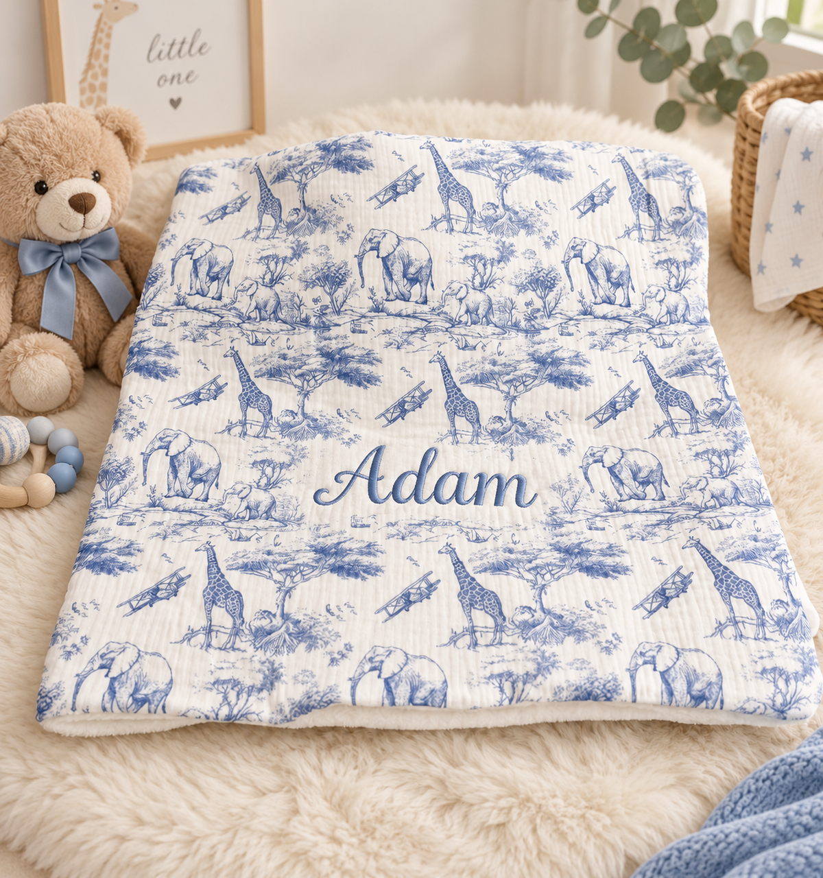 Plaid Safari en Gaze de Coton Personnalisable - Cadeau Naissance