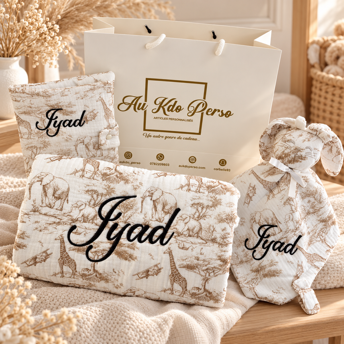 Box Naissance Safari Personnalisée – 3 Pièces Brodées