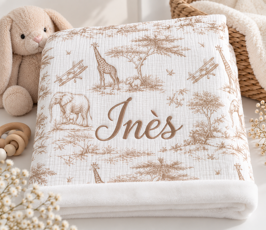 Plaid Safari en Gaze de Coton Personnalisable - Cadeau Naissance