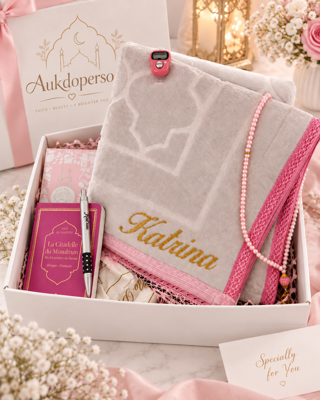 Coffret Tapis de Prière Personnalisé avec Parfum, Stylo & Tasbih