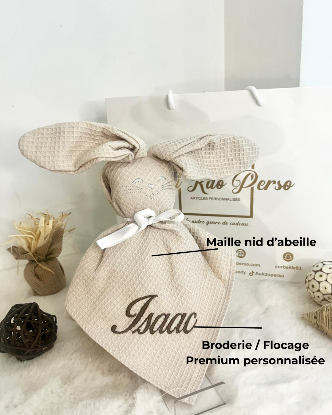 Doudou personnalisable en coton nid d’abeille - AU KDO PERSO