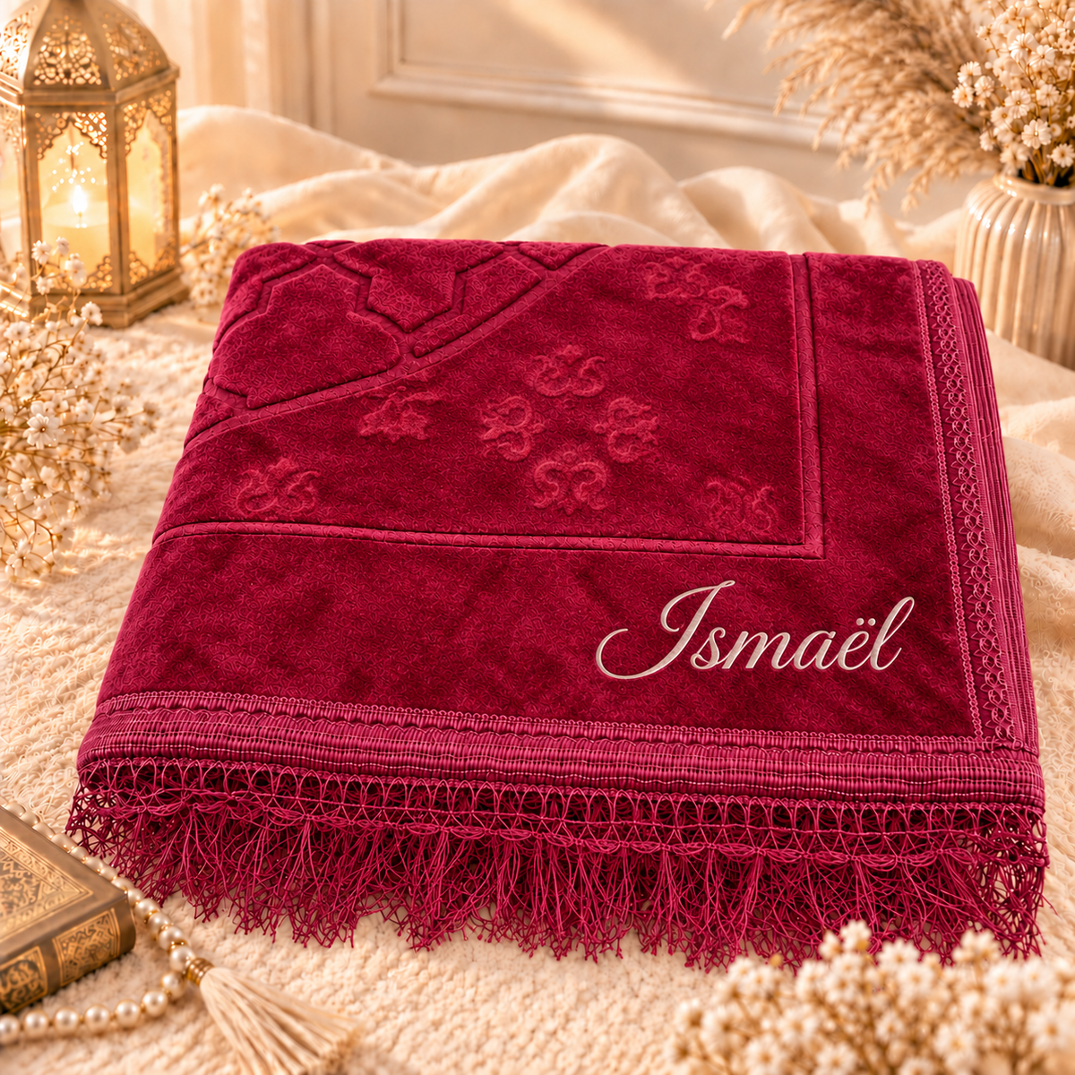 Tapis de Prière Épais Personnalisé Bordeaux Gris Blanc Bleu – Sajjada Confortable