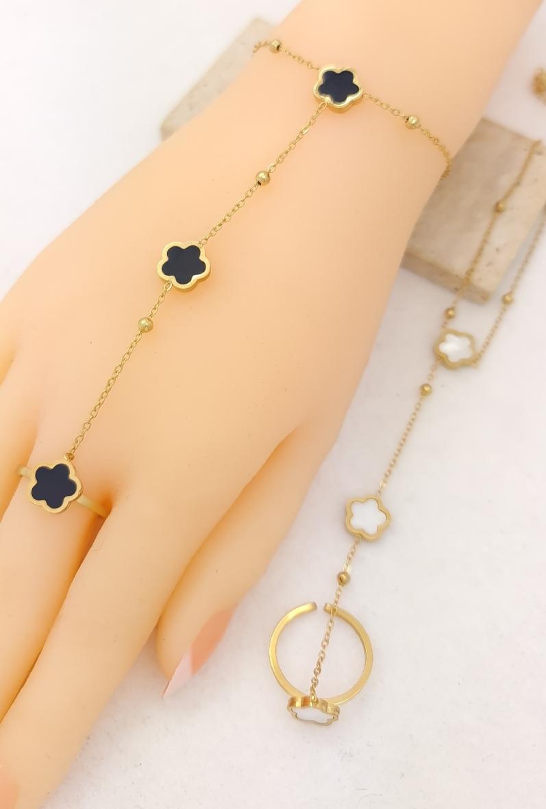 Bracelet de main acier doré, fleurs