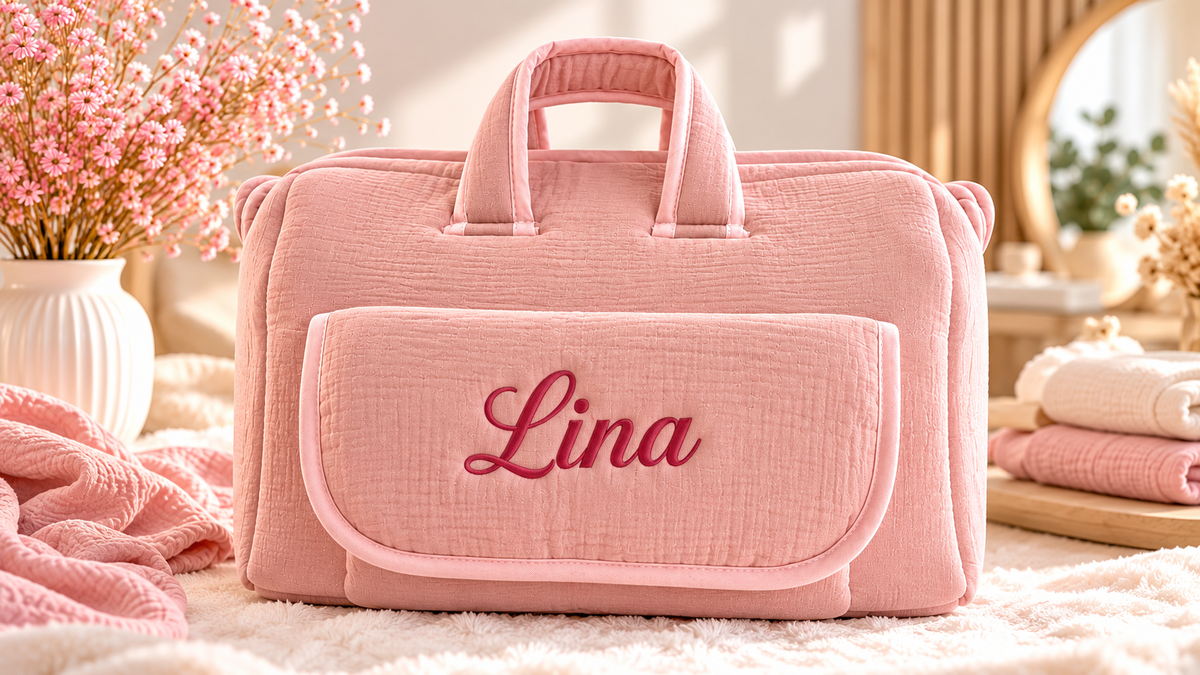 Sac à langer en gaze de coton brodé prénom – cadeau de naissance personnalisé