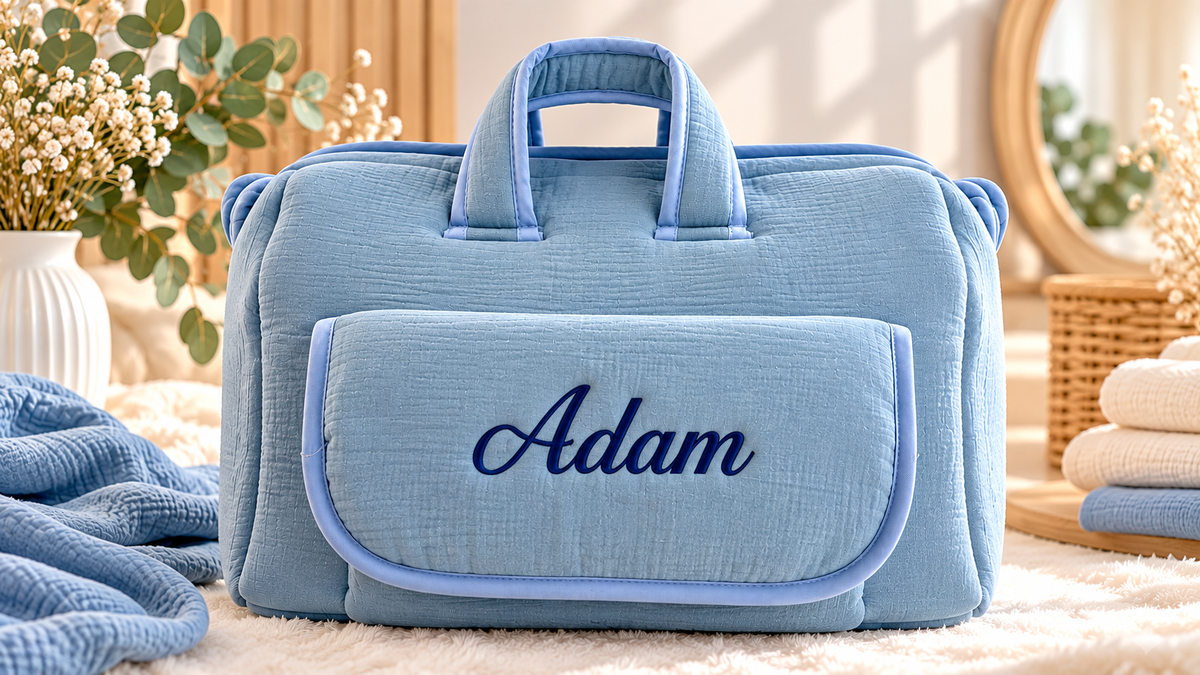 Sac à langer bébé en gaze de coton beige, rose ou bleu avec broderie prénom