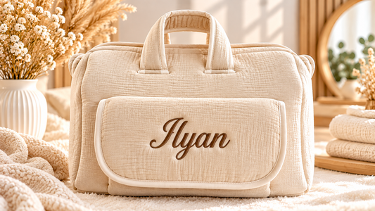 Sac à langer personnalisé en gaze de coton brodé au prénom de bébé