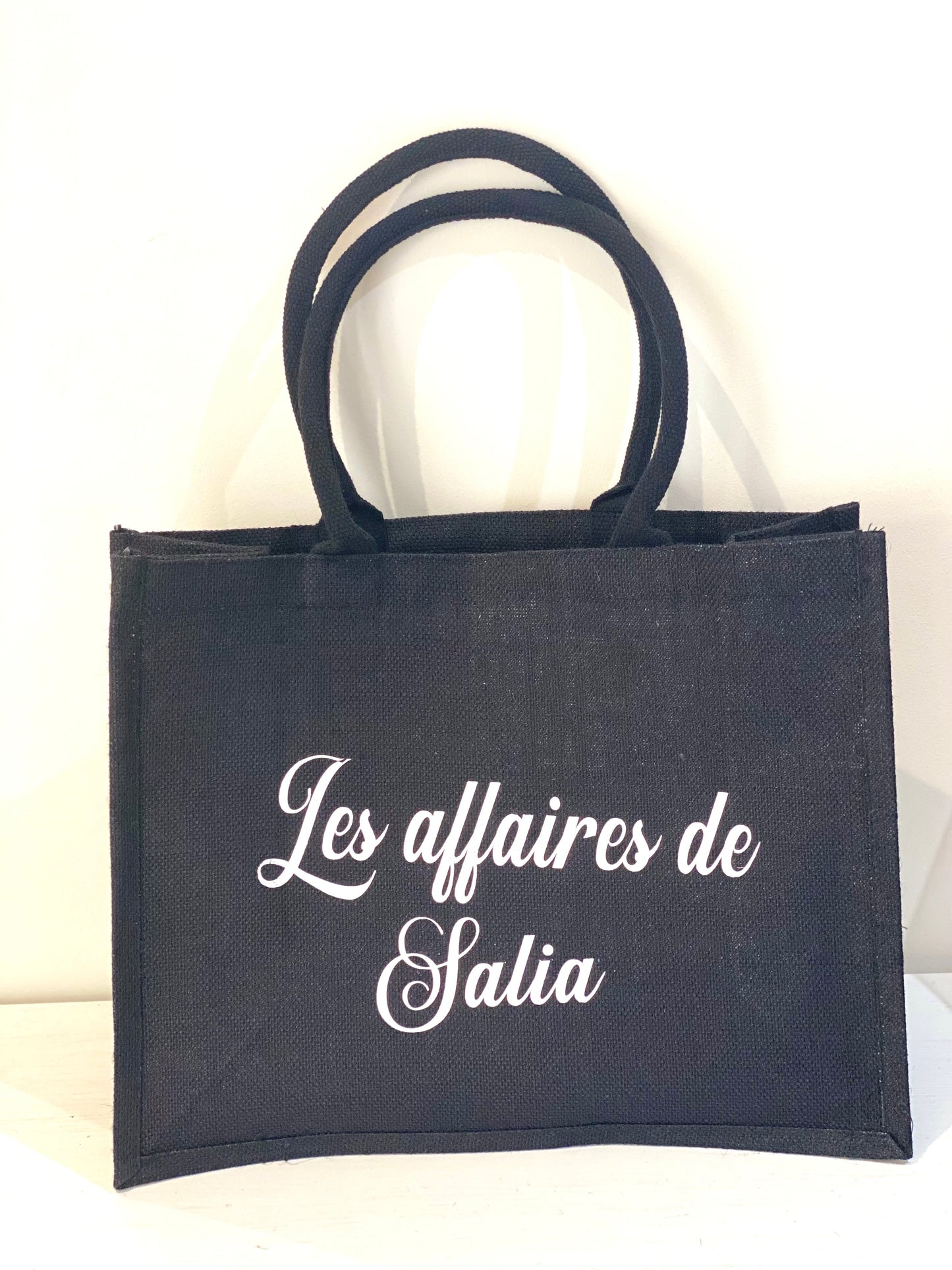 Grand Sac de plage en jute noir personnalisé